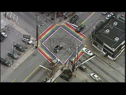 Rainbow crosswalk in Midtown marked up by reckless drivers