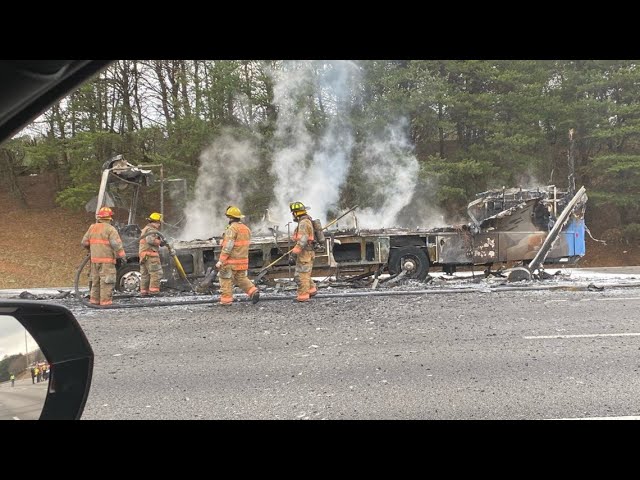 Georgia Aquarium bus catches fire on I-285, only skeleton and wheels remain