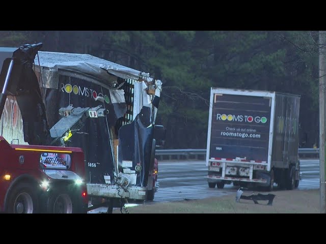 Rooms To Go furniture truck runs off road into woods | Slippery roads in Atlanta as rain and cloud c